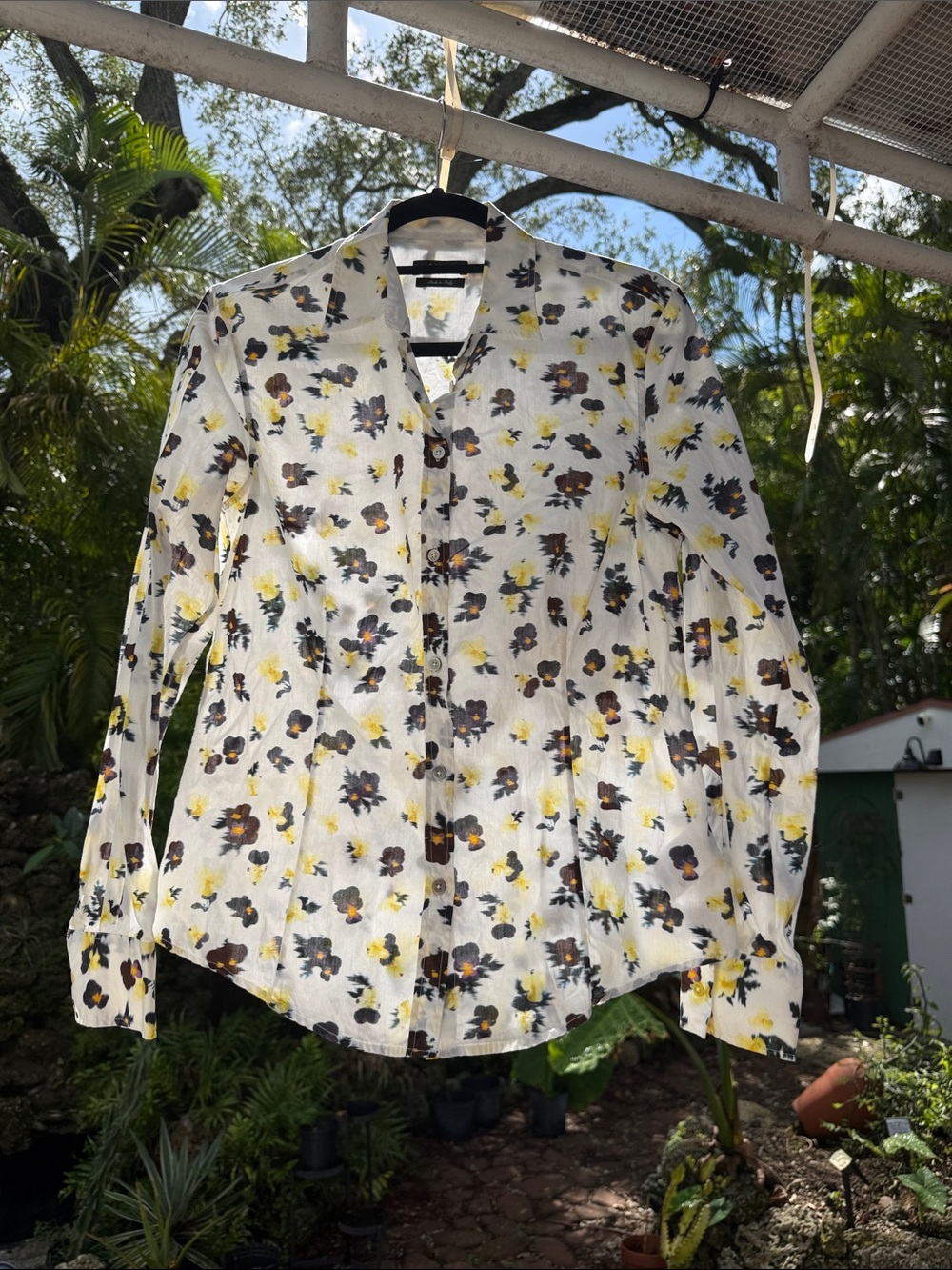 Paul Smith White Floral Button-Down Shirt blouse w navy & Yellow Print sz Small